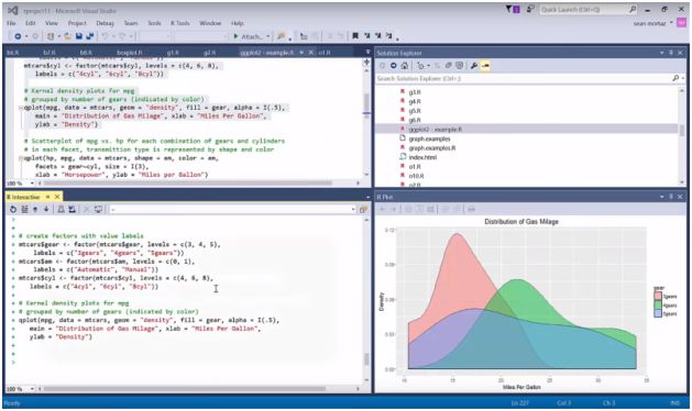 Visual Studio IDE having 4 windows of R tools open